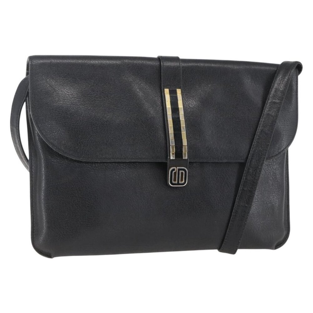Authentic Christian Dior Shoulder Bag Leather Black Gold